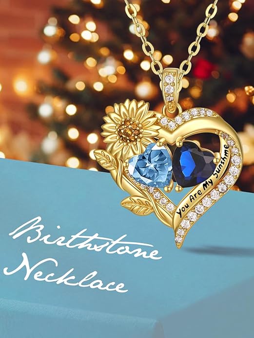 Sunflower Heart Necklace for Women 14K Gold Exquisite Anniversary Birthday Gifts for Wife Mother Her Double Birthstone Pendant jewelry‘You Are My Sunshine’