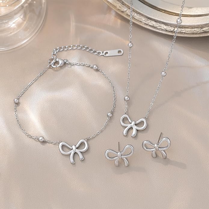 Bow Earrings Necklace Bracelet Set for Women Dainty Bowknot Jewelry Set Gold Pendant Necklace Ribbon Stud Earrings Cute Bow Accessories Elegant Gift for Her