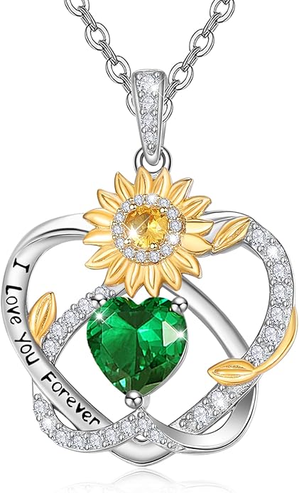 Zeuslia Double Birthstone Necklace Gifts for Wife - 925 Sterling Silver Sunflower/Rose/Crown Cross/Compass/Heart Pendant I Love You Necklace, Anniversary Birthday Gifts for Wife Girlfriend Mom Her
