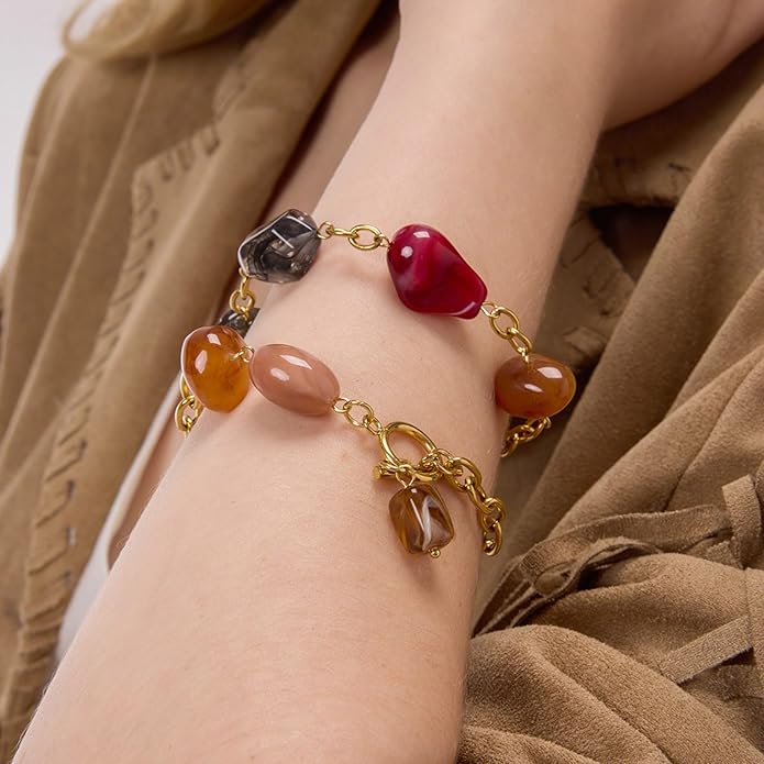 Stylish Pattern Bracelet Mixing Resin Colors With Stainless Steel Everyday Jewelry Colorful Resin Stainless Steel Bracelet