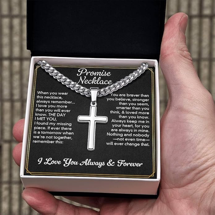 GLAVICY Promise Cross on Cuban Necklace For Him, Sentimental Gift for Husband, Boyfriend, Man with Message Card and Box, Promise Jewelry on Birthday, Valentine Day