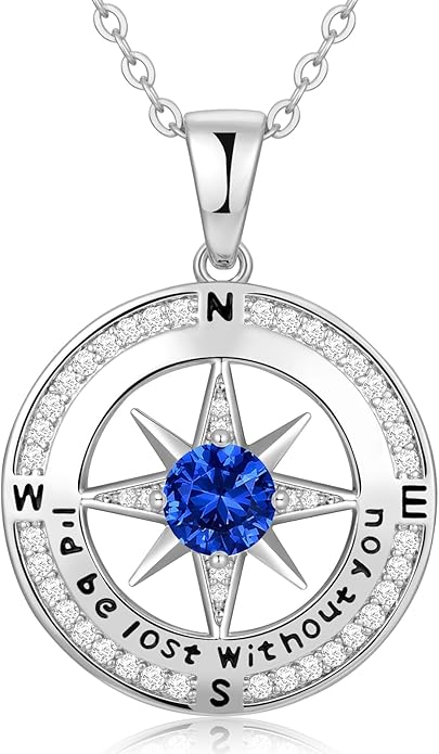 Zifeel Compass Necklace Gifts for Women wife - S925 Sterling Silver Birthstone Necklaces for Women - Anniversary Birthday Gifts for Her Wife Girlfriend - Valentines Mom Mothers Day Christmas Gifts Jewelry for Women