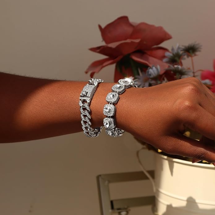 shopbyskyler 4PCS Gold Bracelets for Women Silver Clustered Tennis Bracelet for Women Heart Round Diamond Cuban Bracelet Layered Link Bracelet Set Fashion Jewelry for Women Set