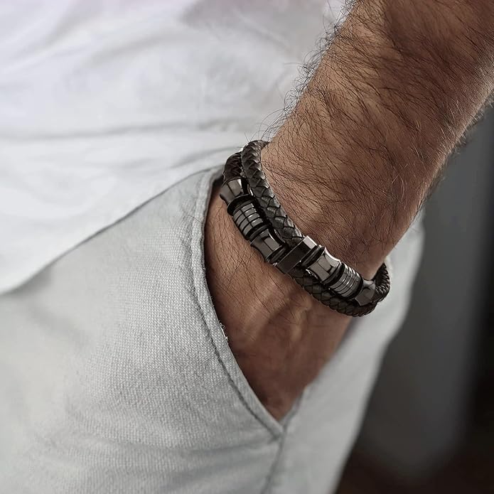 COOLSTEELANDBEYOND Mens Double-Row Braided Leather Bracelet Bangle Wristband with Stainless Steel Ornaments