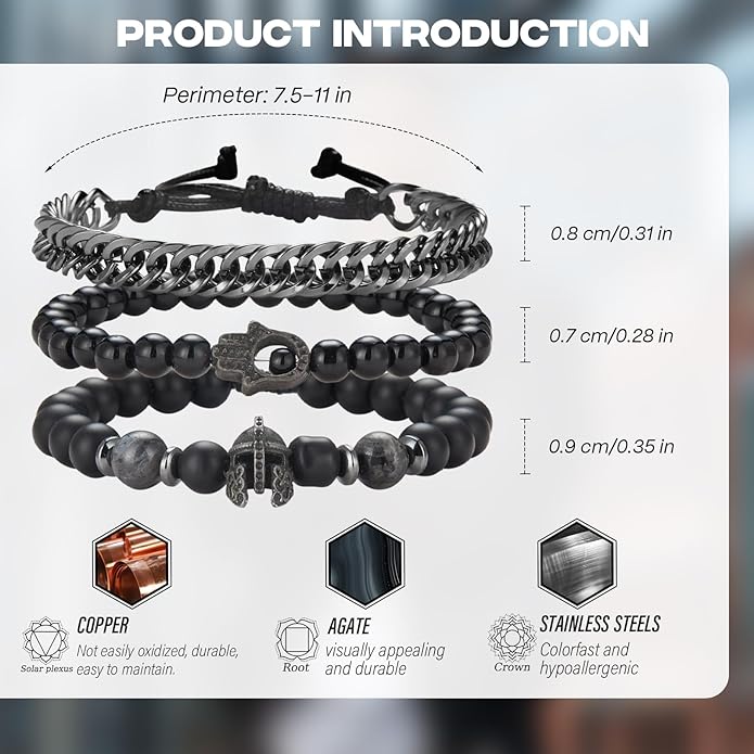 3pc Mens Beaded Bracelets Silver Stainless Steel Chain Bracelet for Men Handmade Braided Bracelet Sets Jewelry Gifts for Men