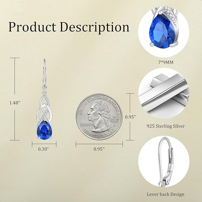 JO WISDOM Women Celtic Knot Infinity Dangle Earrings for Women Sterling Silver 7 * 9mm Birthstone Irish Twisting Drop Earrings Jewelry for Women