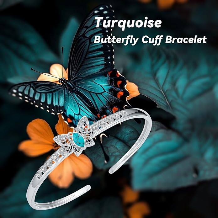 Butterfly Filigree Cuff Bracelet with CZ, 925 Sterling Silver Adjustable Natural Gemstone Bangle, Vintage Boho Jewelry Gift for Her