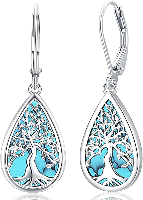 Tree of life Dangle Earrings Sterling Silver Moonstone/Turquoise/Malachite Earrings for Women Filigree Leverback Earrings Jewelry Gifts