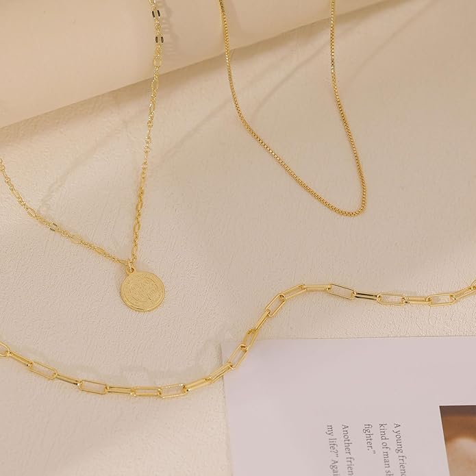 Layered Necklaces for Women, Dainty 14K Gold Plated Herringbone Chain Necklace Set Chunky Gold Necklace Stack Layering Choker Necklaces for Women Trendy Fashion Waterproof Jewelry