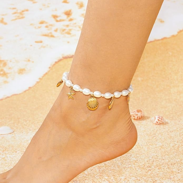Shell Ankle Bracelet Set for Women, Gold Plated Boho Bead Adjustable Anklet, Hawaiian Beach Seashell Pearl Heart Starfish Conch Foot Jewelry Gifts