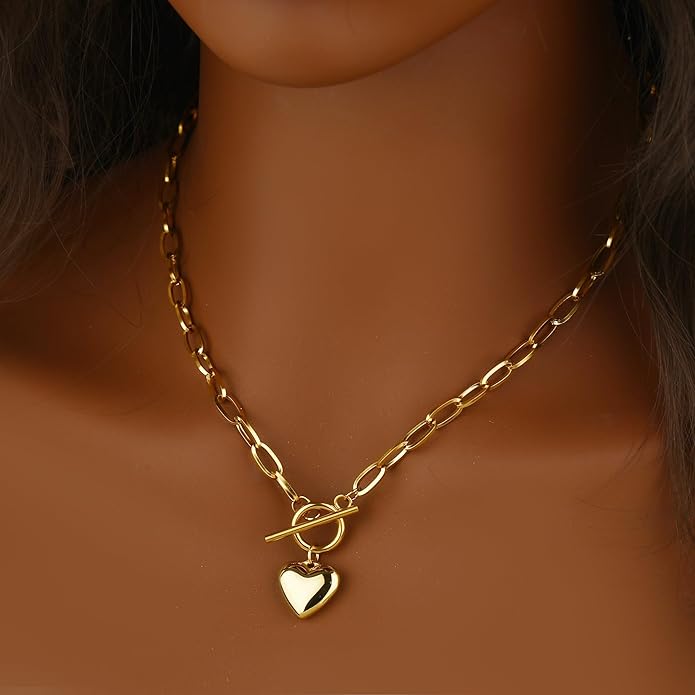 Chunky Gold Necklace for Women, 18K Waterproof Heart Necklace Statement Necklace Gold Charm Necklace Chunky Jewelry Paperclip Chain Choker Gift for Women