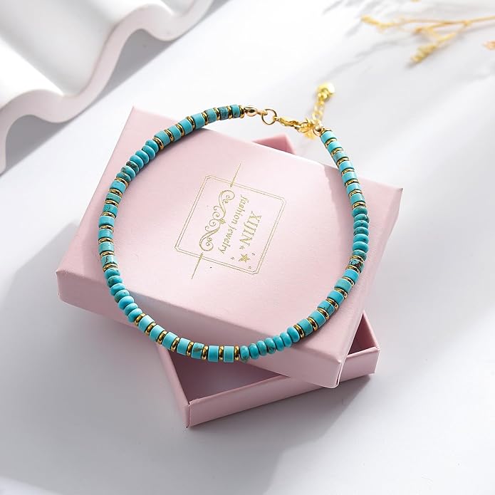XIJIN Natural Stone Beaded Anklets for Women Handmade Beach Boho Turquoise Beads Ankle Bracelet Jewelry Gift for Her