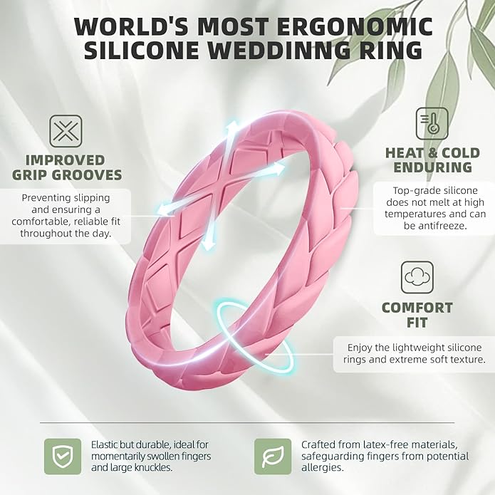 Egnaro Women's Silicone Stackable Rings 3.5mm Wide 2mm Thick, Rubber Flexible Hypoallergenic Wedding Bands For Workout Leaf Braided Fashion