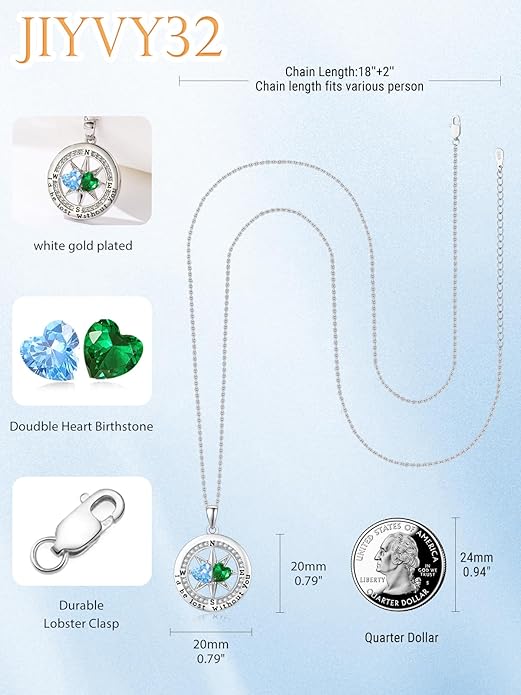 JIYVY32 Compass Birthstones Necklace for Women, Exquisite S925 Necklace Anniversary Birthday Gifts for Wife Her Double Birthstone Pendant jewelry ‘I'd be Lost Without You’