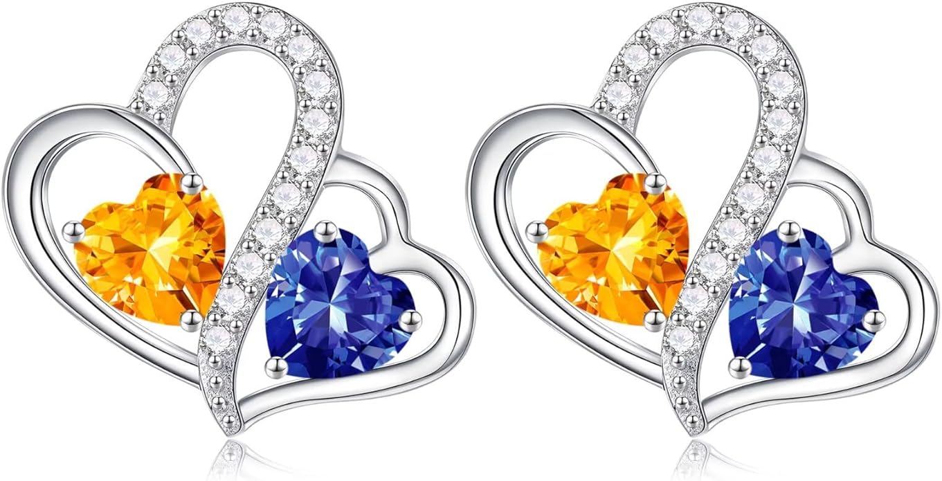 Iefil Valentines Day Gifts for Her - Birthstone Earrings Gift for Women, 925 Sterling Silver Double Heart Birthstone Earrings | Anniversary Birthday Gifts for Women, Personalized Jewelry for Wife Mom