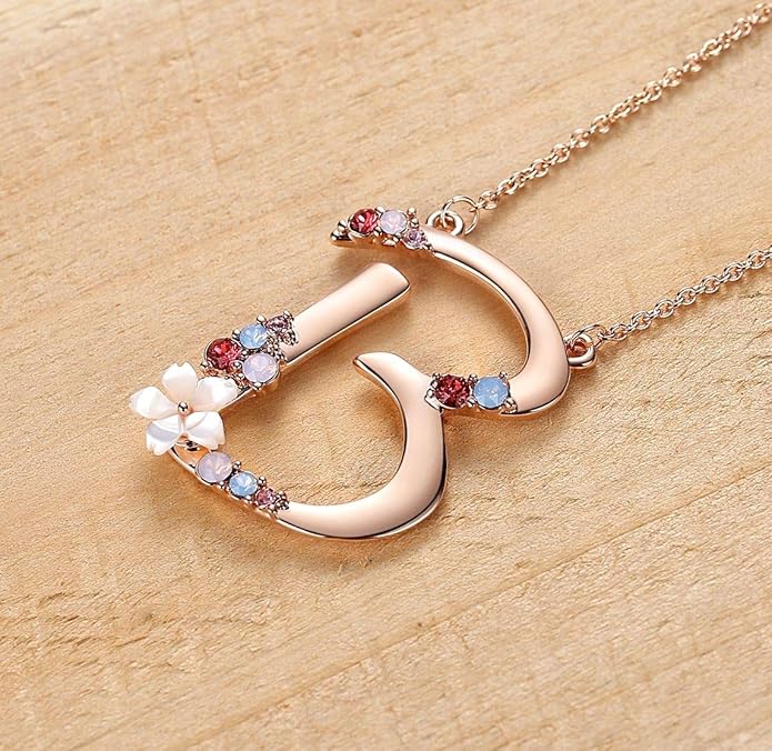 Flower Initial Letter Necklace Pink Red Blue Simulated Pearl Pendant Name Jewelry Made with Austrian Crystals Rose Gold Plated Anniversary Birthday Gifts for Women,18"+2"
