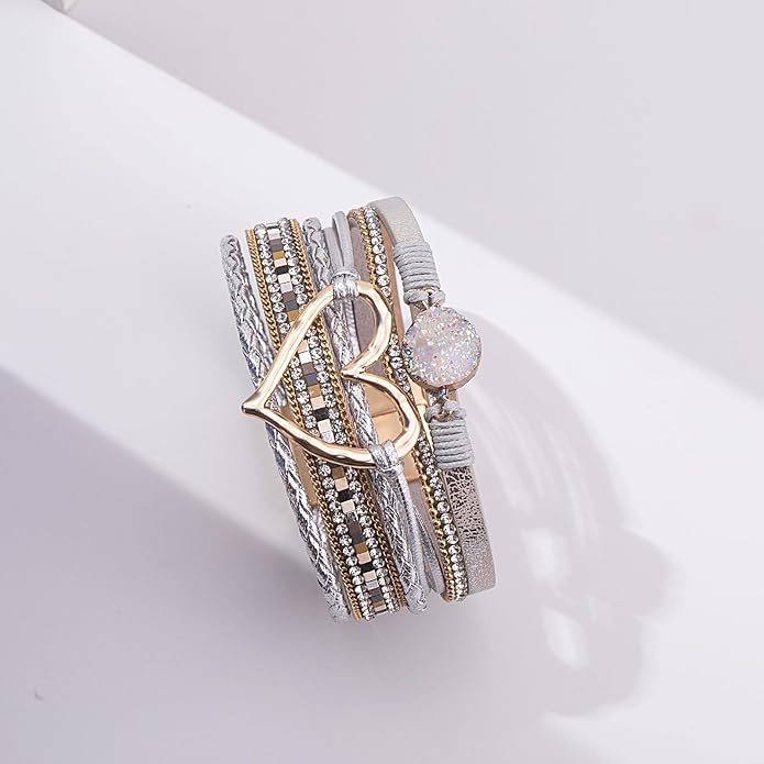 FANCY SHINY Heart Leather Wrap Bracelets Stackable Boho Cuff Bangles Trendy Resin Stone Rhinestone Bracelets with Magnetic Clasp for Women