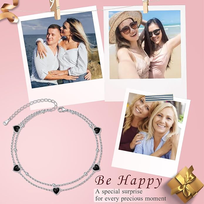 FLYOW Anklet for Women S925 Sterling Silver Adjustable Foot Beaded Heart Charm Ankle Bracelet Anklets Jewelry