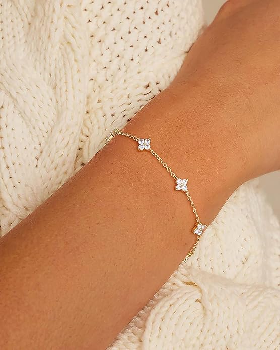 Gold Bracelets for Women,14K Dainty Gold Plated Bracelets Non Tarnish Waterproof Diamond Bracelets Heart Flower Round Square CZ Charm Bracelet Trendy Stuff Jewelry Gifts for Her