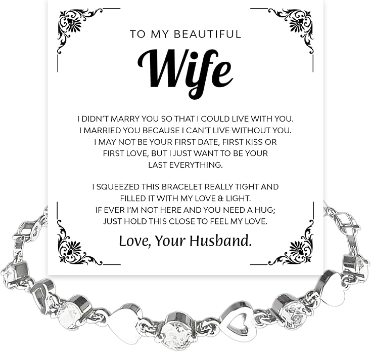To My Wife Crystal Heart Bracelet Gift From Husband, Beautiful Wife Jewelry For Anniversary, Birthday, Christmas, Valentine’s Day, Bracelet For Her With Heartfelt Message & Elegant Box