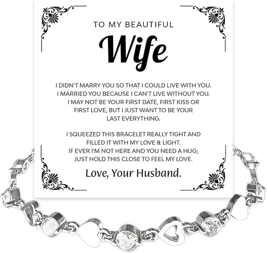 To My Wife Crystal Heart Bracelet Gift From Husband, Beautiful Wife Jewelry For Anniversary, Birthday, Christmas, Valentine’s Day, Bracelet For Her With Heartfelt Message & Elegant Box