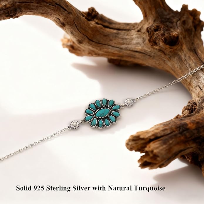 Native American Genuine Turquoise Squash Blossom Bracelet for Women 925 Sterling Silver Boho Turquoise Adjustable Bracelets for Her Wife Mom