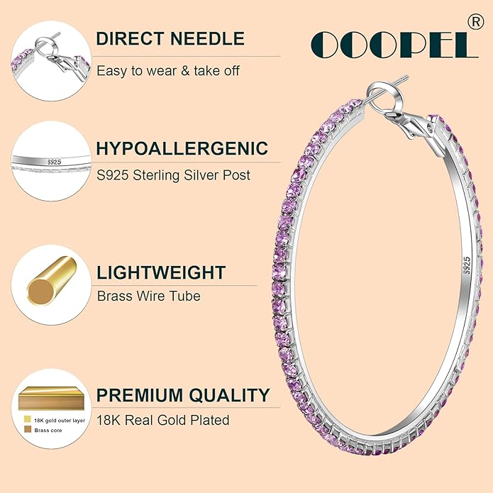 925 Sterling Silver Earrings Large Rhinestone Hoop Earrings Big Cubic Zirconia Hoop Earrings Thin Rhinestones Round Hoop Earrings for Women 20/30/40/50/60/70mm Sparkly Hoops With Crystals for Womens