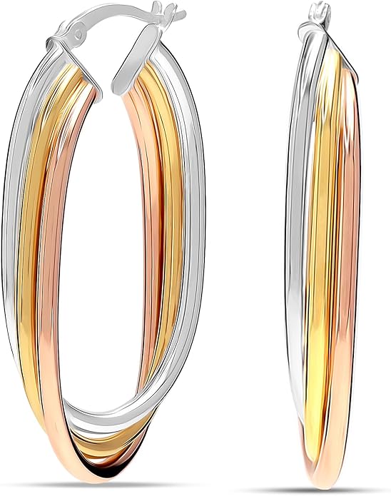 LeCalla 925 Sterling Silver Chunky Hoop Earrings | 14K Two-Tone Three-Tone Hoop Earrings | Intertwining Oval Shape Polished Twisted Hoop Earrings for Women