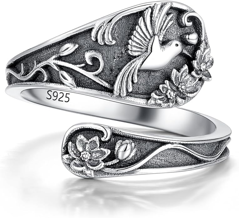 Spoon Ring Sterling Silver Hummingbird Ring Vintage Antique Spoon Rings Adjustable Thumb Rings for Women
