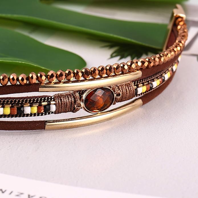 FANCY SHINY Leather Wrap Bracelets Crystal Beads Bracelet Boho Cuff Stone Charm Bracelets with Clasp Costume Jewelry for Women