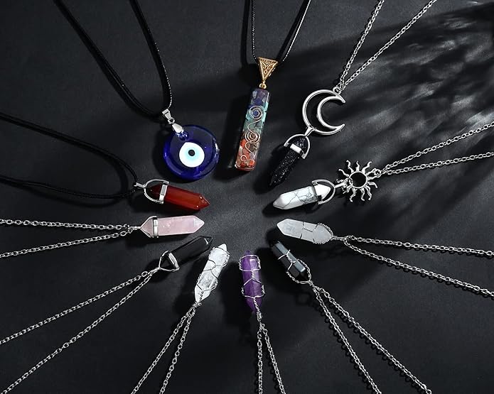 XIANNVXI 11 Pcs Crystal Necklaces for Women, Evil Eye Boho Chakra Hippie Pendant Beach Jewelry Set, Gifts
