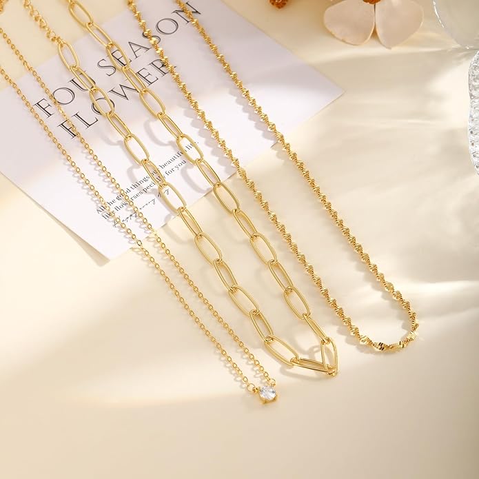 Layered Gold Necklace for Women Trendy 14K Gold Plated Heart CZ Pendant Layered Gold Necklaces Set Coin Choker Necklaces Simple Circle Cubic Zirconia Pearl Necklace Stack Herringbone Paperclip Chain Jewelry Set