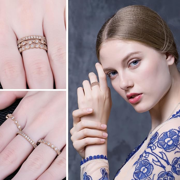 JewelryPalace 14K Gold Plated 925 Sterling Silver Rings for Women, Cubic Zirconia Promise Rings for Her, Stackable Wedding Bands Rings for Women Set Size 4-12