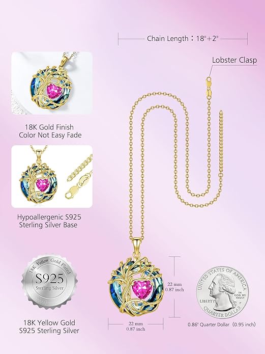 TOUPOP Christmas Gifts Tree of Life Birthstone Necklace 925 Sterling Silver Pendant Austrian Crystal Jewelry Anniversary Birthday Gifts for Women Mom Her Wife