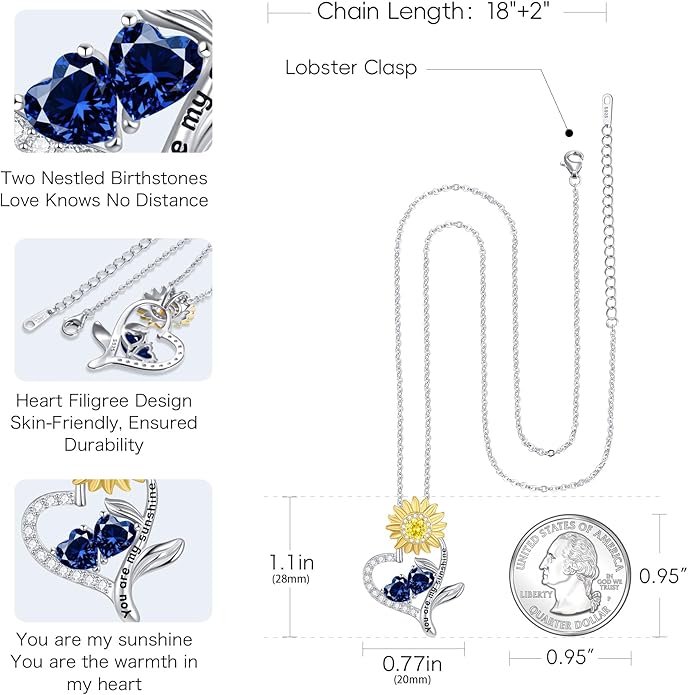 PERJI Valentine's Day Gifts for Women - 925 Sterling Silver Double Birthstone Sunflower Necklace, Anniversary Birthday Jewelry You are My Sunshine Gifts for Wife Couple Girlfriend 18"+2" Non Tarnish