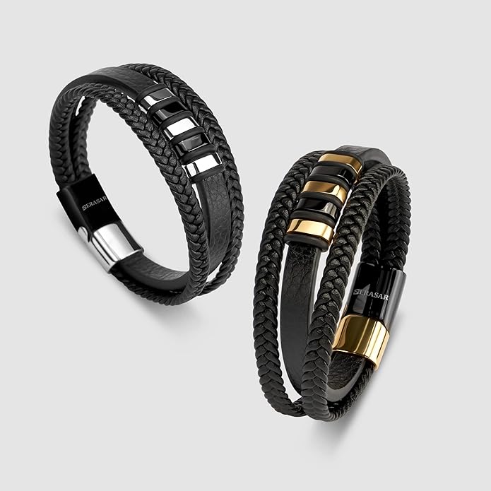 SERASAR | Premium Genuine Leather Bracelet [Glory] for Men in Black | Magnetic Stainless Steel Clasp in Silver and Gold | Exclusive Jewelry Box | Great Gift Idea