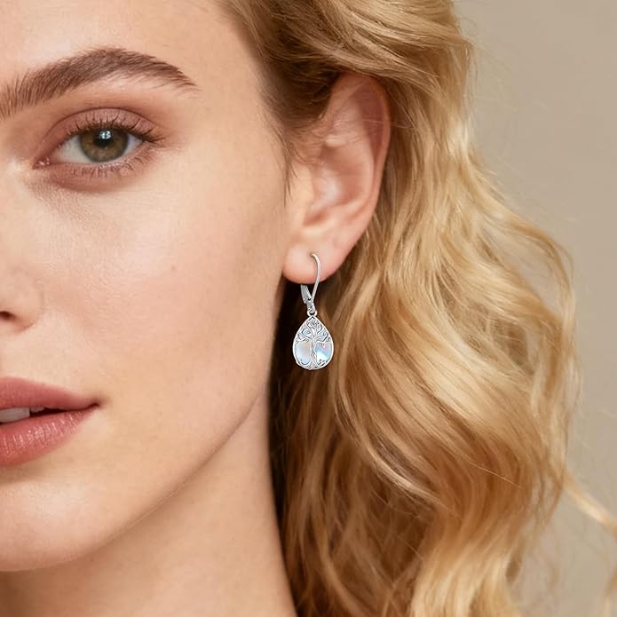 Eusense Sterling Silver Dangle Earrings for Women Tree of Life Animals Moonstone Turquoise Leverback Earrings Jewelry Gifts