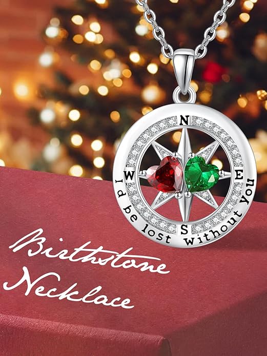 Compass Birthstones Necklace for Women, Exquisite Anniversary Birthday Gifts for Wife Her Double Birthstone Pendant jewelry ‘I'd be Lost Without You’