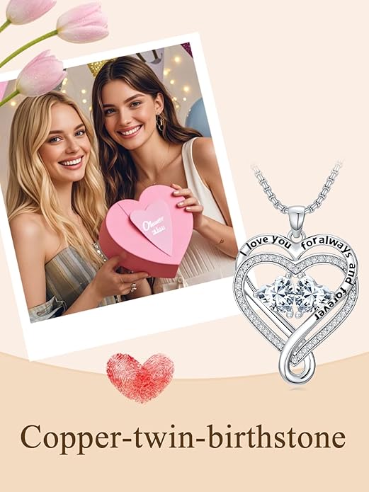 I Love You for Awlays and Forever Double Heart Necklace with Birthstone, 2 Birth Stone Jewelry Anniversary Valentines Mothers Day Christmas Birthday Gifts for Women Her Wife Girlfriend Mom Mother