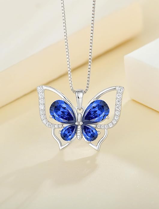 YL Women's Butterfly Necklace 925 Sterling Silver Flower Rose Pendant Birthstone Halo Jewelry