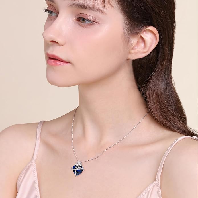 Birthstone Necklace for Women 925 Sterling Silver Love Heart Rose Flower Necklace Dainty Jewelry Gifts for Women Wife Girlfriend Mother Daughter Her