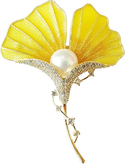Gold Ginkgo Leaf Brooch Yellow Flower Lapel Pin Blazer Dress Jacket Suit Clothing Jewelry Vintage Inspired Birthday Festival Gift for Women
