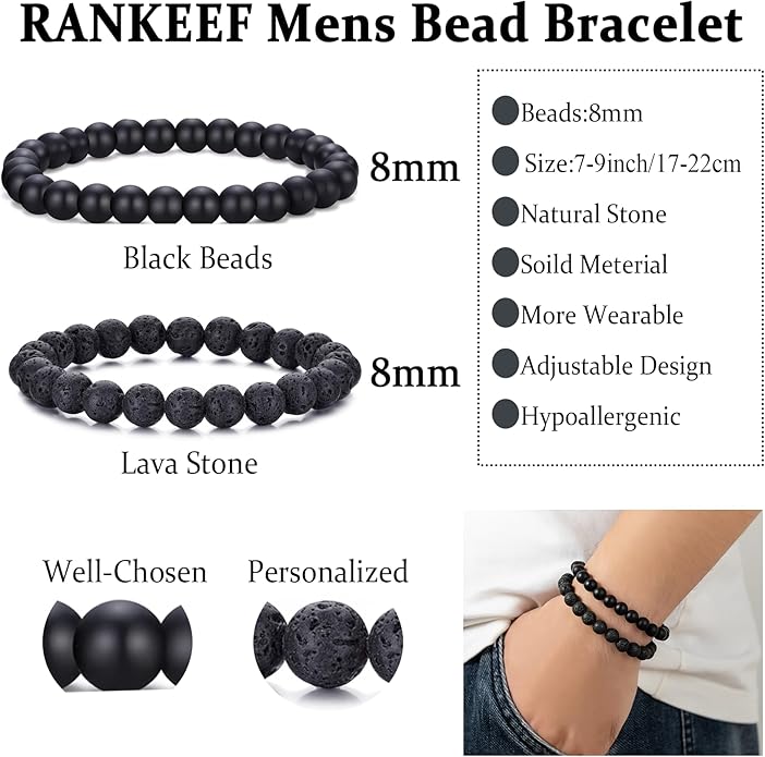 RANKEEF Mens Bead Bracelet Set - Adjustable Elastic Rope With 6&8MM Natural Stone Multi-Colored Beads - Tiger Eye Bracelets for Men - Gift