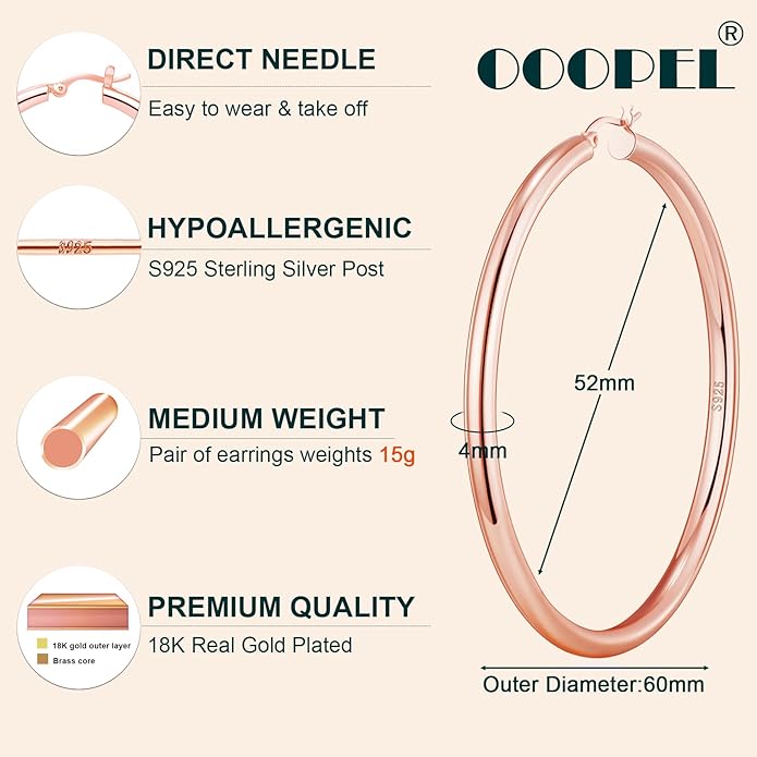 4mm Thick Gold Chunky Earrings Steling Silver Post Hoops Earrings For Women Hollow Tube Hoops Earrings Thick Gold Hoop Earrings Hypoallergenic Lightweight Gold Hoop Large Earrings 20/30/40/50/60MM