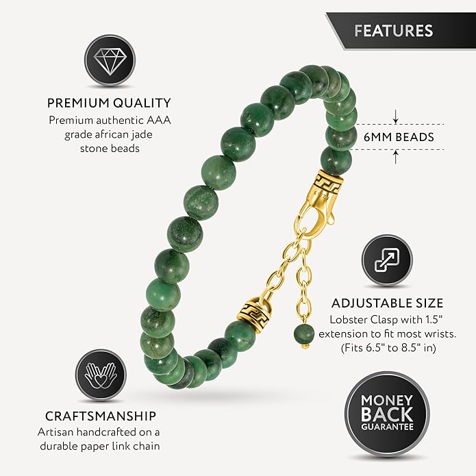RTZN Jade Bracelet for Men – Premium Artisan Handcrafted Authentic Dark Green Jade Bracelet – 8MM Beaded Stone Mens Jade Bracelets