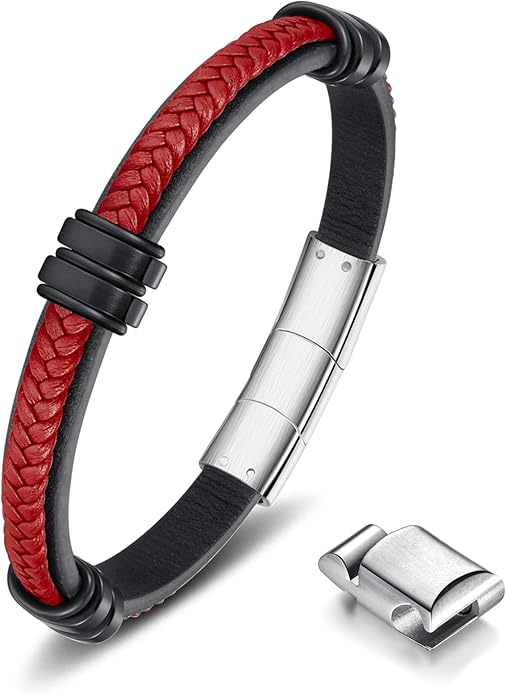 Leather Bracelet for Men with Adjustable Stainless Steel Magnetic Clasp Multi-Layer Braided Mens Leather Bracelet