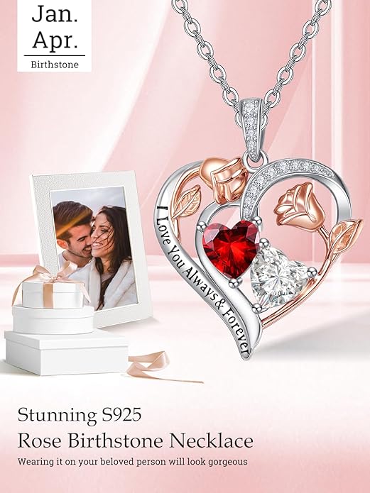 Zeuslia Double Birthstone Necklace Gifts for Wife - 925 Sterling Silver Sunflower/Rose/Crown Cross/Compass/Heart Pendant I Love You Necklace, Anniversary Birthday Gifts for Wife Girlfriend Mom Her