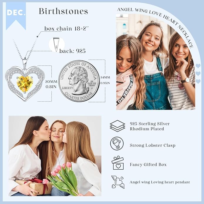 Heart Necklaces Valentine's Gift for Women, Birthstone 925 Sterling Silver Angel Wings Love Pendant Necklaces for Women, Jewelry Gifts for Wife, Anniversary, Mother's day