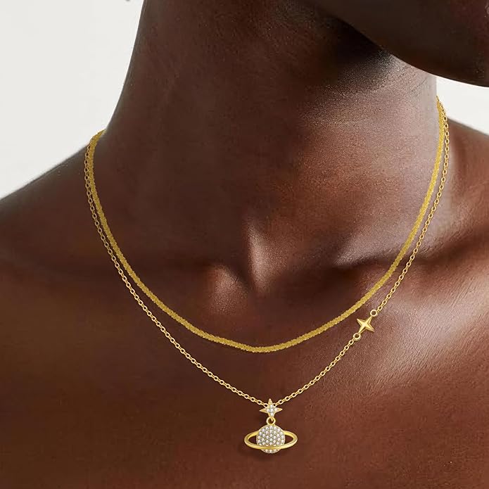 Copper Alloy 14K Gold Plated | 14K Platinum Plated Necklace for Women Double Layer Pendant Necklace Fashionable Multi-Layer Jewelry