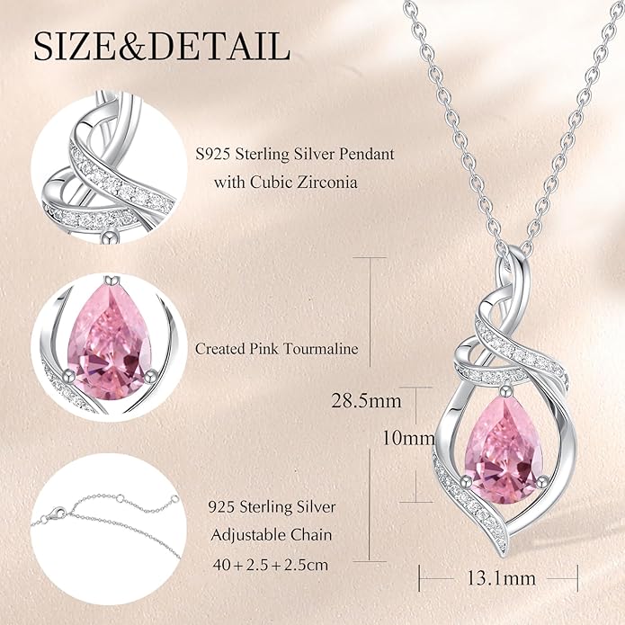 FANCIME Teardrop Gemstone Necklace for Women S925 Sterling Silver Elegant Ribbon Pendent Birthday Gifts for Her, 16"+2" Inches